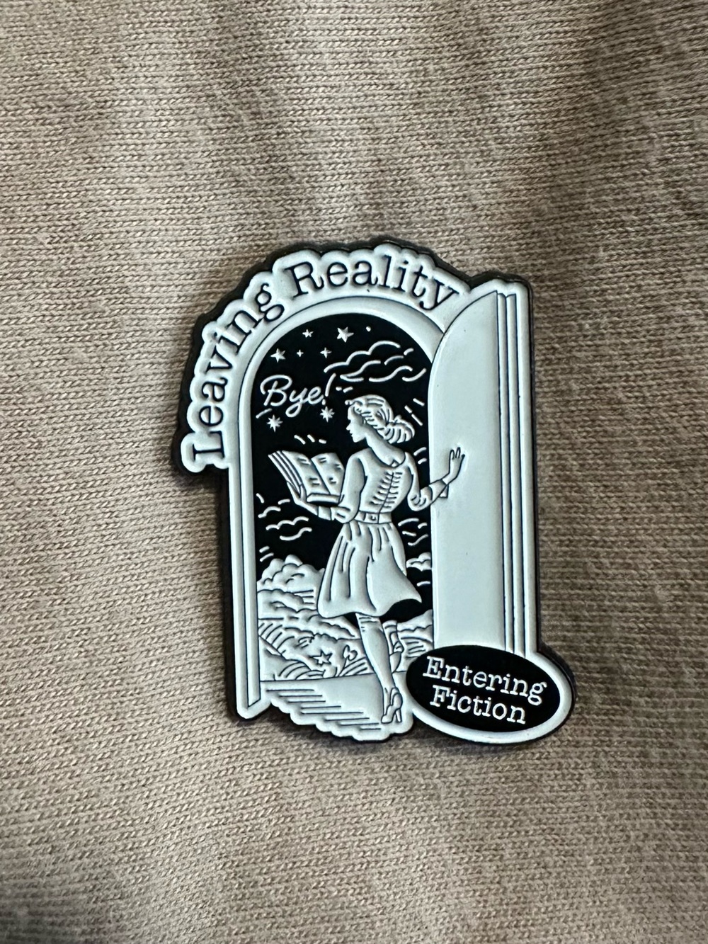 Leaving Reality Entering Fiction Enamel Pin - Black & White